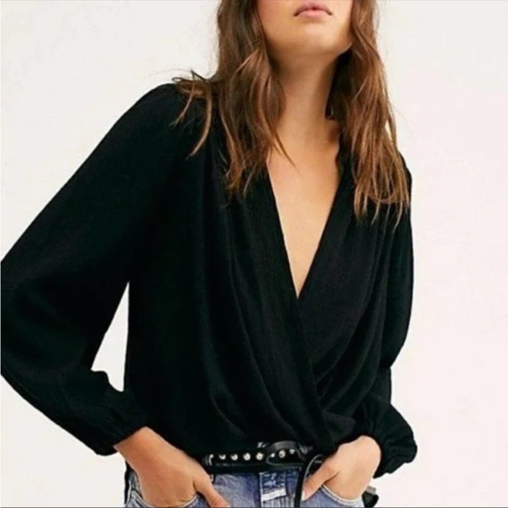 FREE PEOPLE | Check On It Draped Faux Wrap Long Sleeve Black Top Women’s Size S